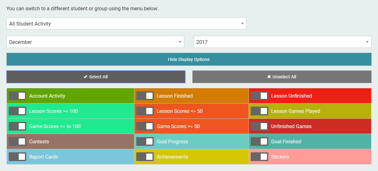 Activity Overview - Filter Options